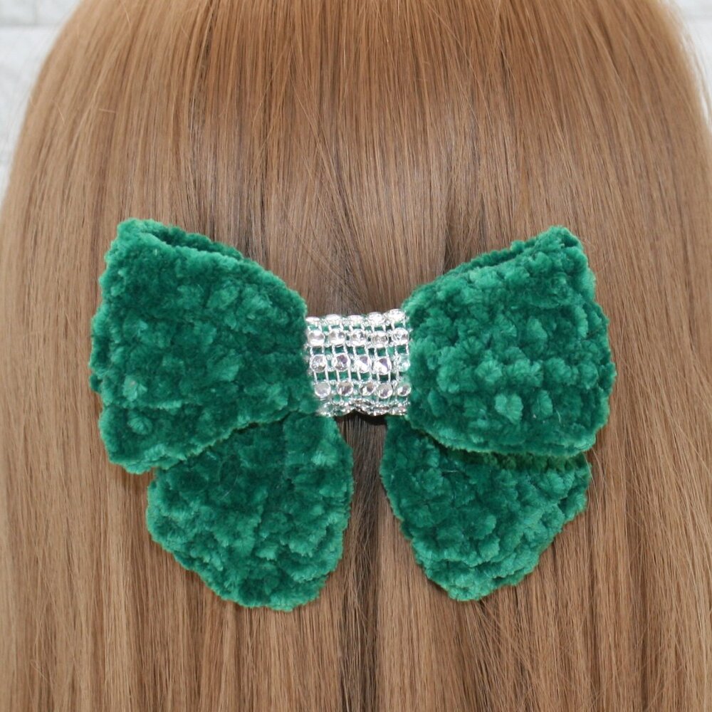 HAND CRAFTED Crochet Bow Chenille Velvet Hair Barrette Oversized Bling Green